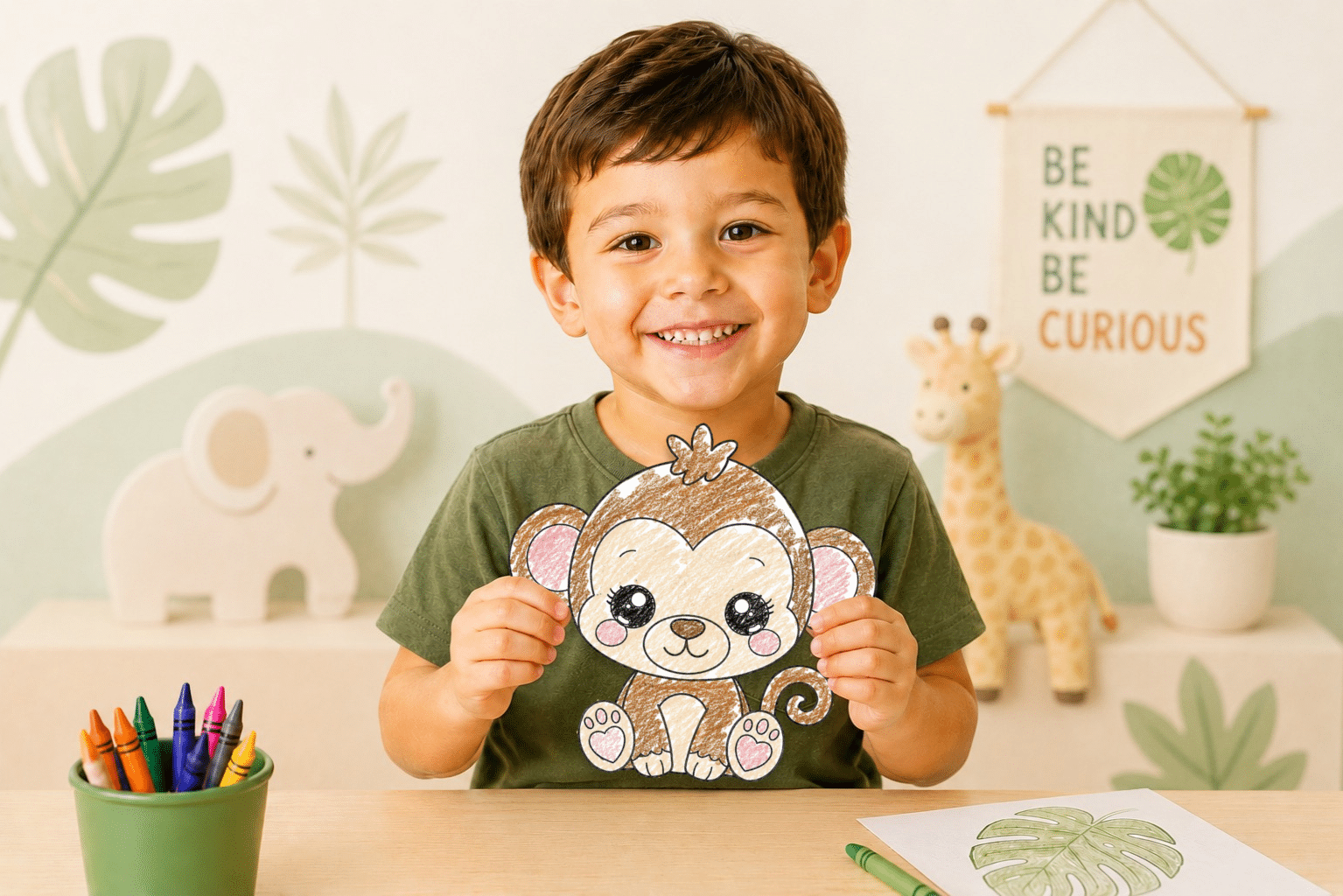 Child smiling while holding a printable baby panda craft for preschool animal activities.