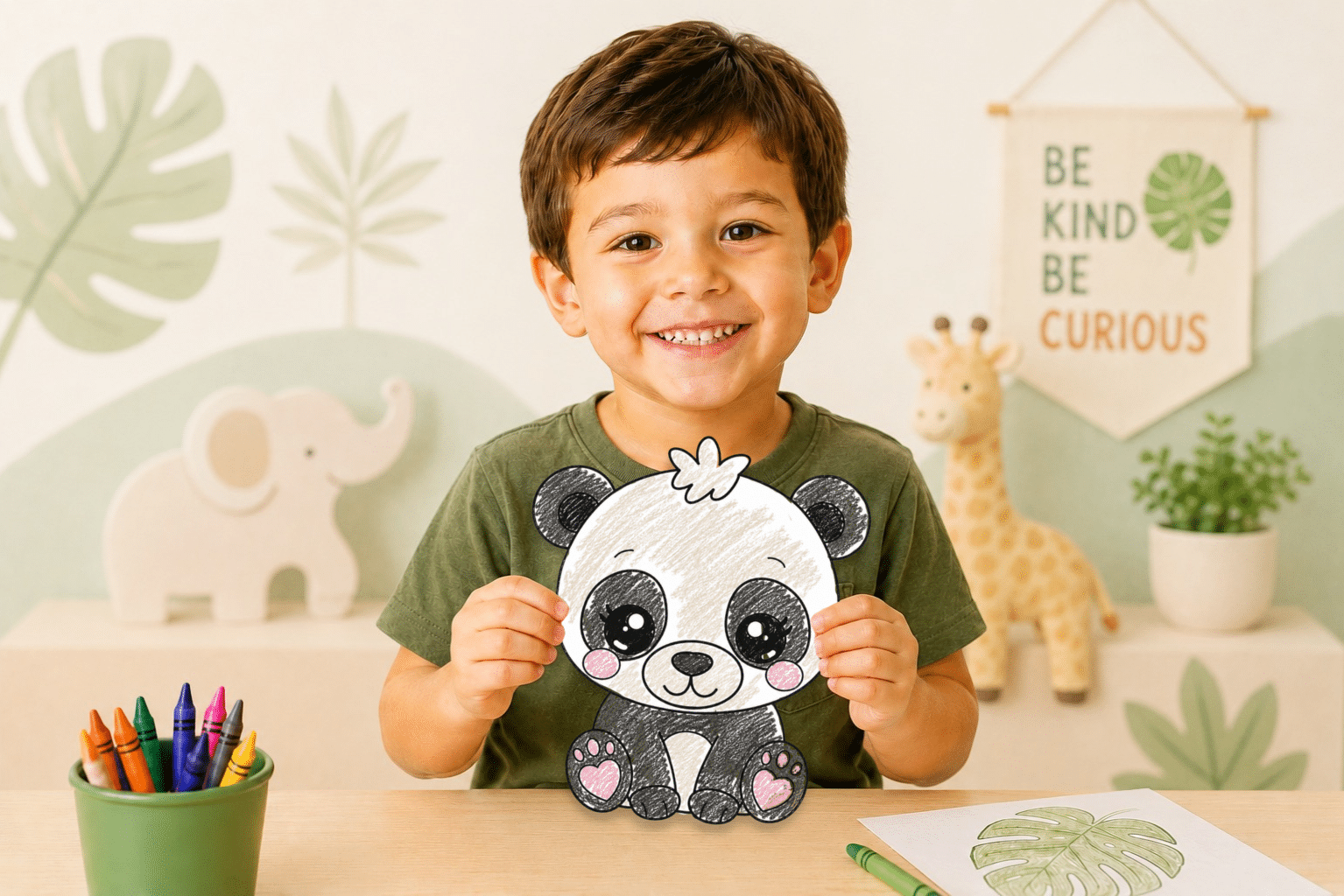 Child smiling while holding a printable baby panda craft for preschool animal activities.