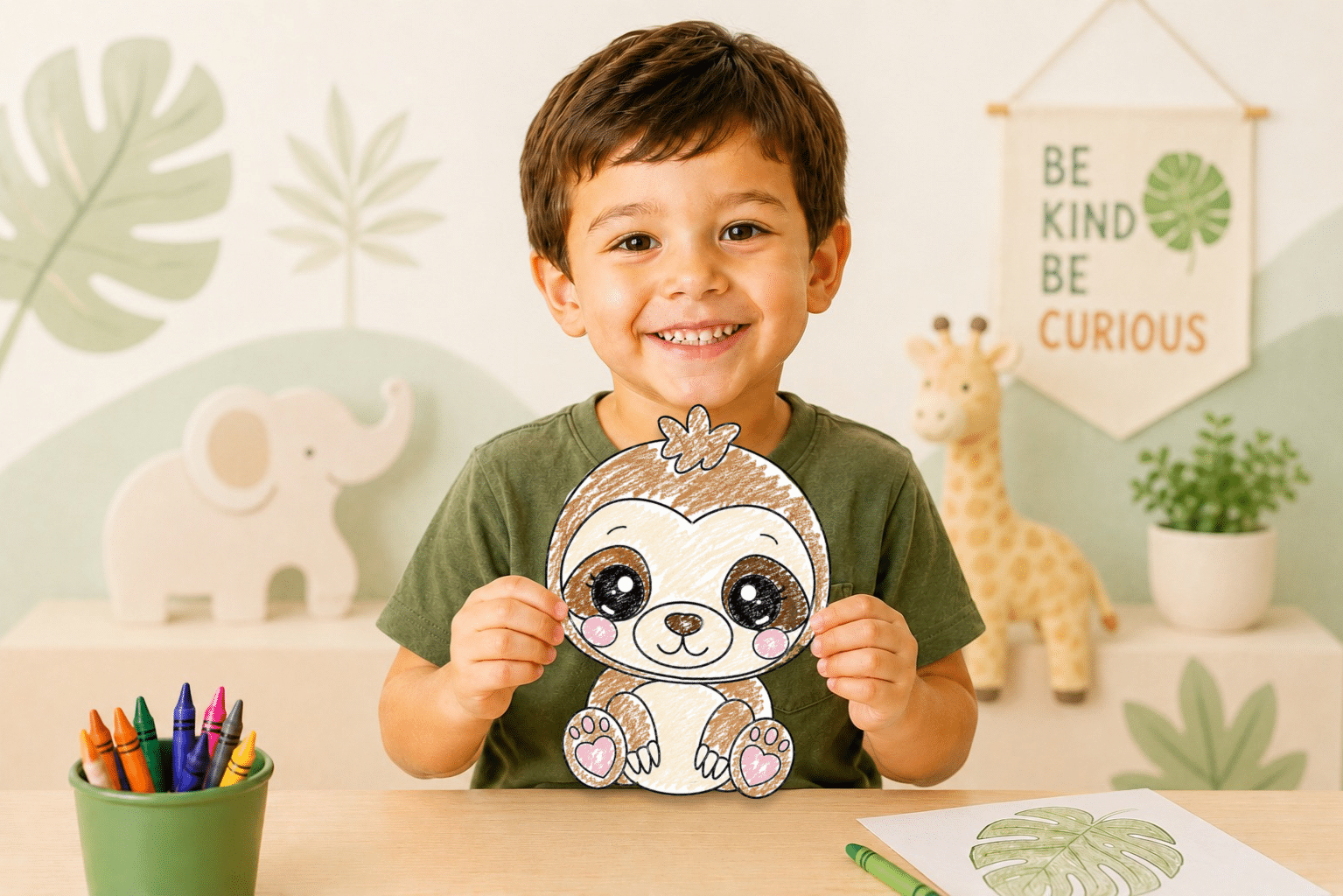 Child holding a printable baby sloth craft with cute preschool safari animal template.