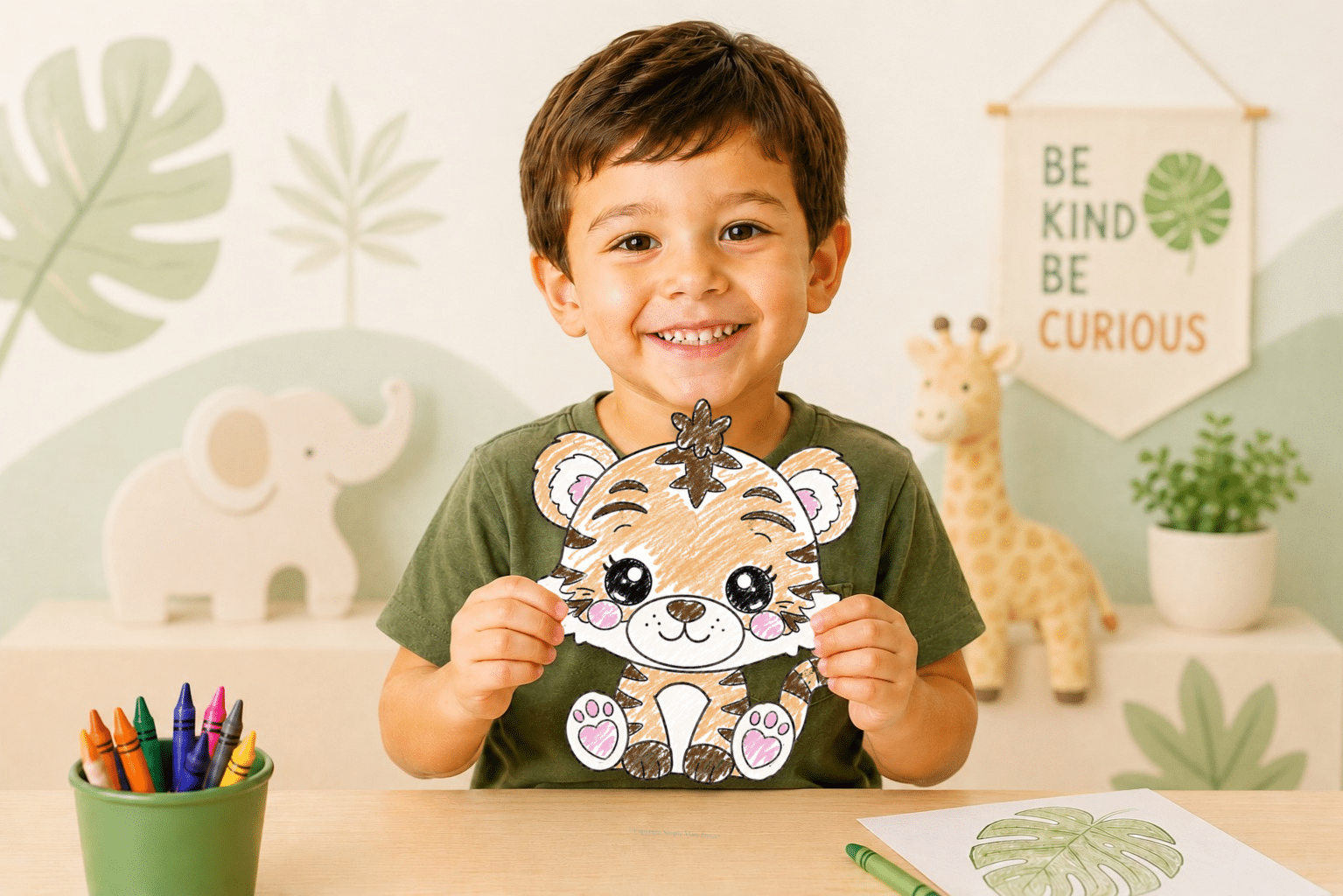 Smiling child holding a printable baby tiger craft for preschool safari animal activity.