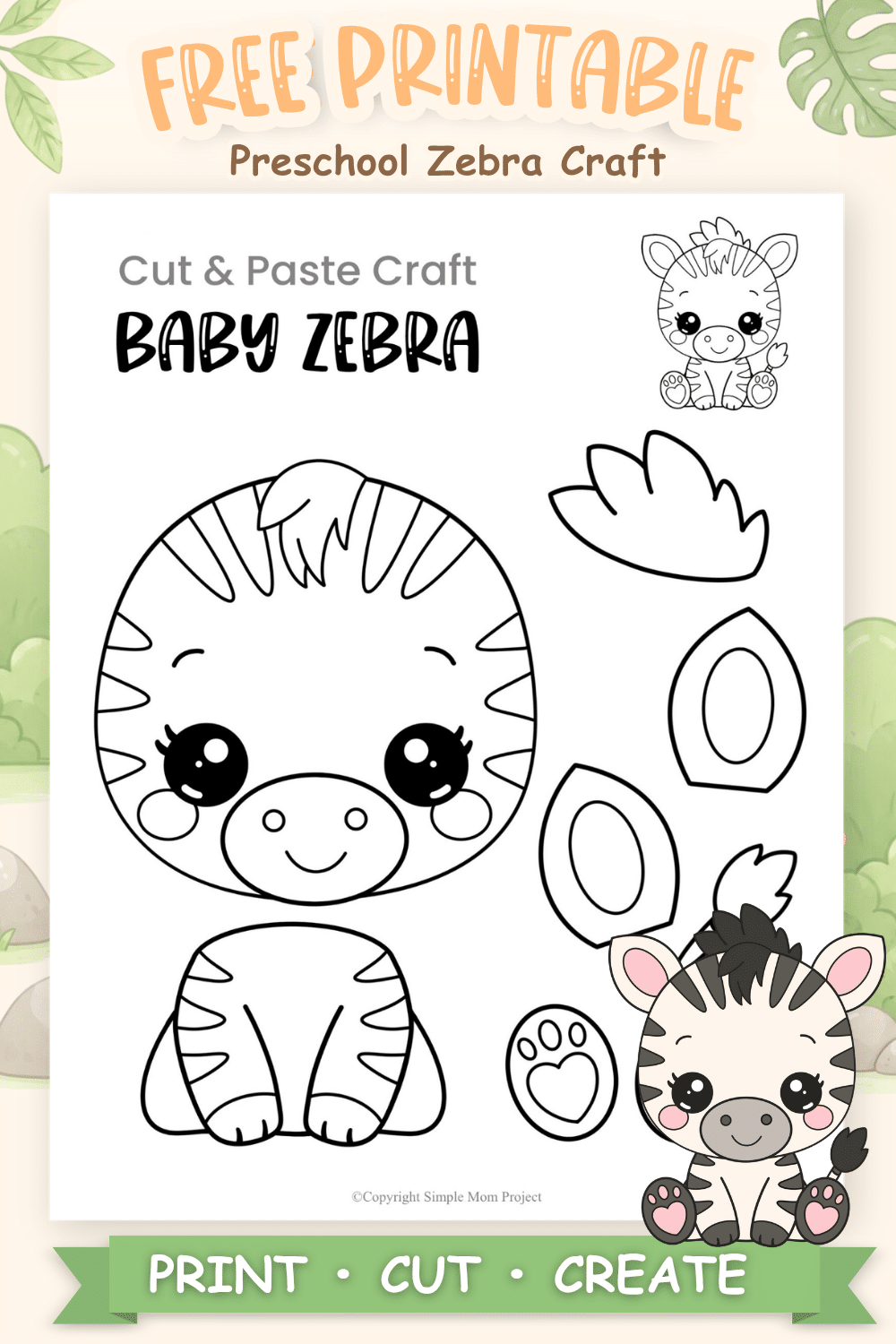 Baby zebra cut and paste craft printable for preschool and kindergarten kids featuring a cute safari animal template for coloring and fine motor practice.