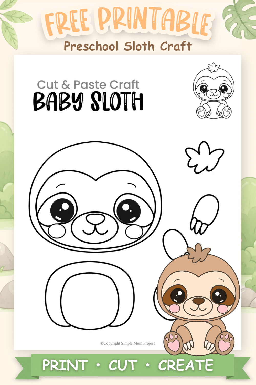 Free Printable Baby Sloth Craft Template for Kids