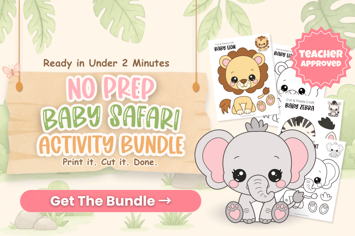 Baby Safari Bundle with cut and paste animal crafts, coloring pages, and safari-themed printable activities for kids.