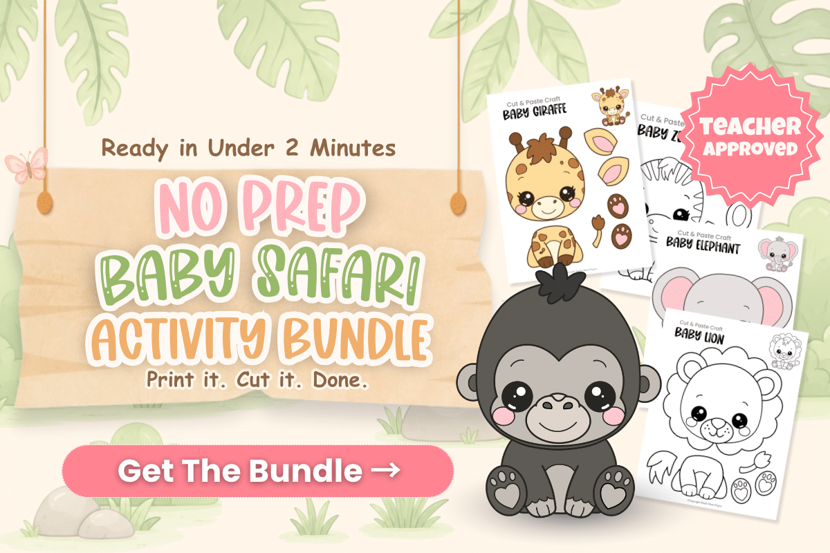Looking for fun safari animal activities for preschool? The Baby Safari Activity Bundle includes 50+ printable pages featuring adorable baby gorilla crafts, coloring pages, and full-color animal posters. Perfect for preschool, kindergarten, homeschool, classroom centers, and fine motor practice. Just print, cut, and create!