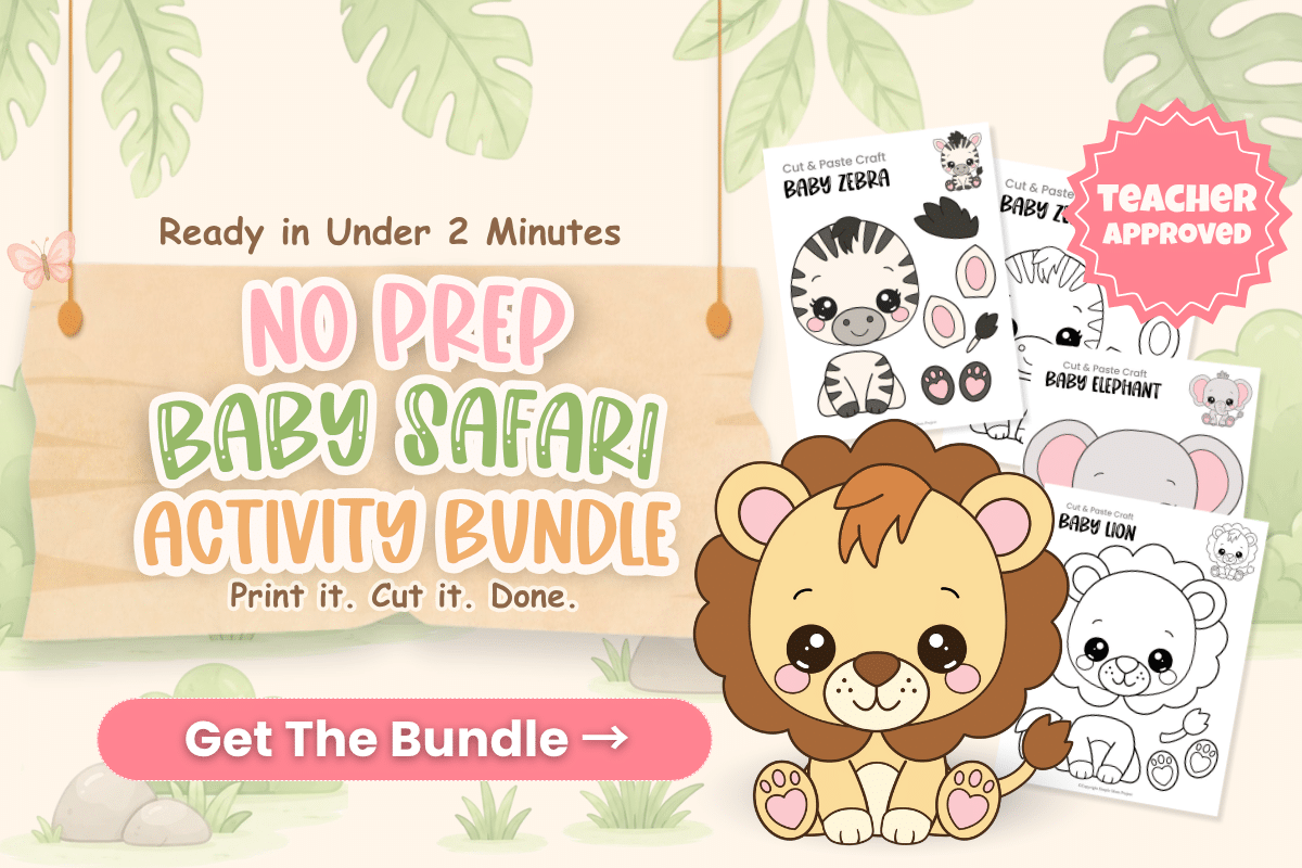 Baby Safari Bundle with cut and paste animal crafts, coloring pages, and safari-themed printable activities for kids.