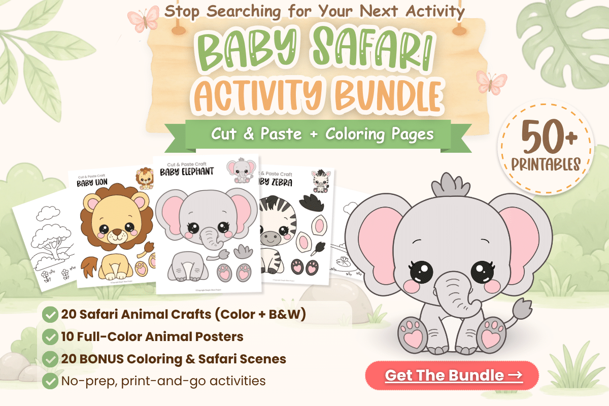 Elephant Baby Safari Animal Bundle printable activity pack for preschool, kindergarten, homeschool, and classroom centers.