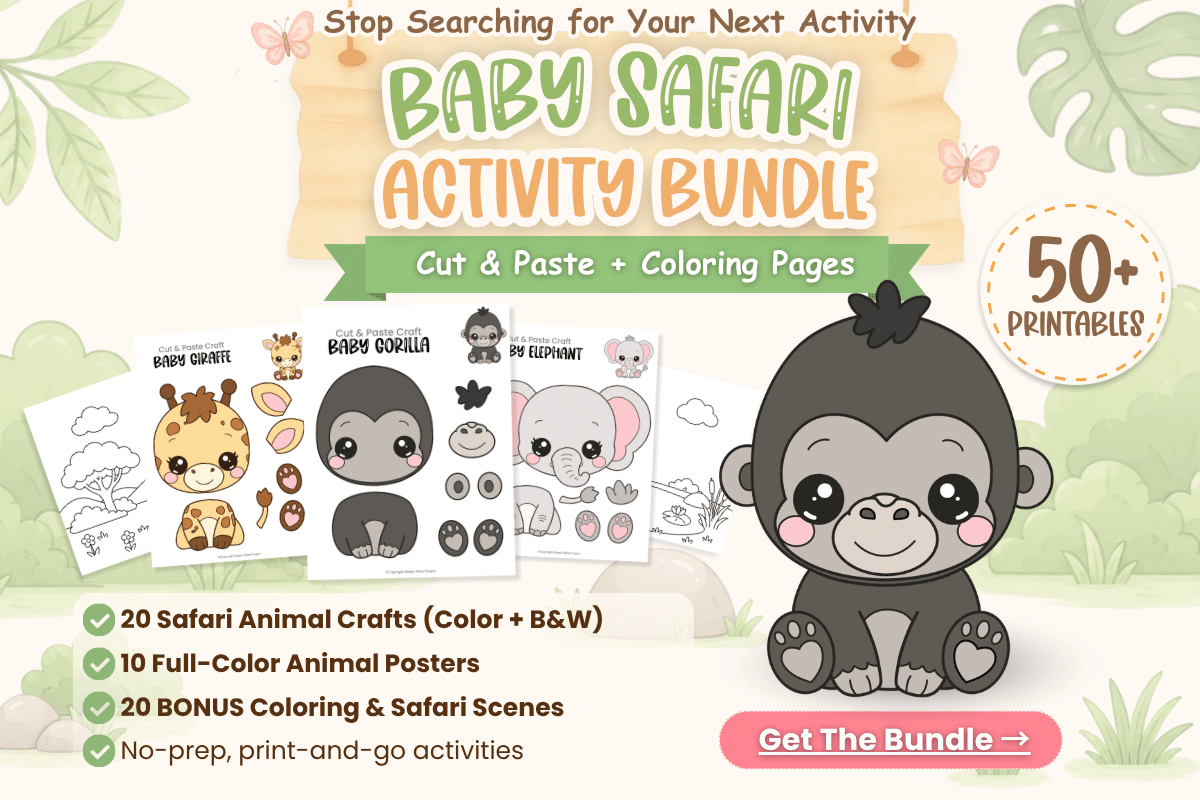 Always have a fun activity ready with the Baby Safari Activity Bundle! This printable collection includes 50+ safari-themed pages featuring baby giraffe crafts, coloring sheets, and full-color animal posters. Perfect for preschool and kindergarten classrooms, homeschool lessons, quiet time, and fine motor development.