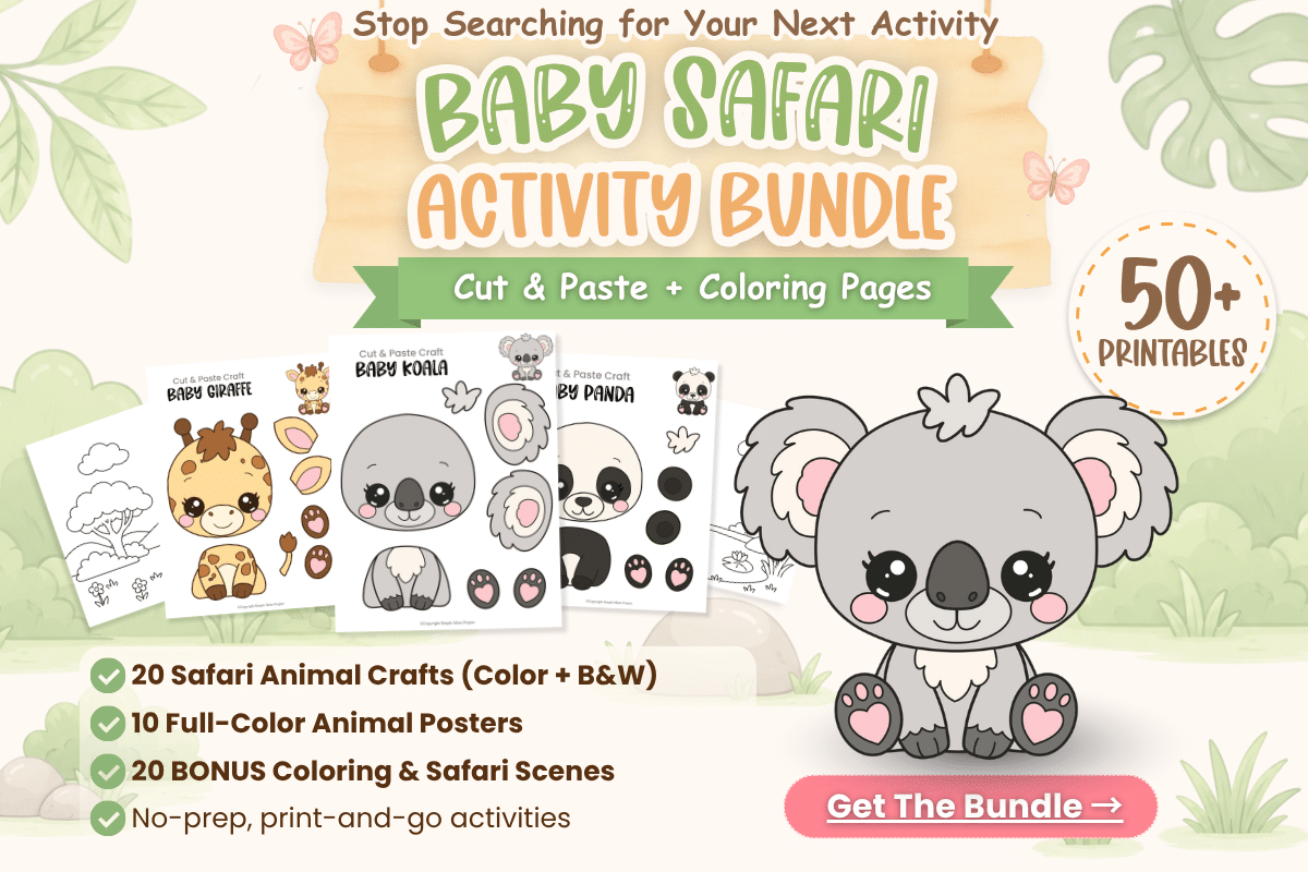 Baby Safari Activity Bundle printable featuring the baby koala craft