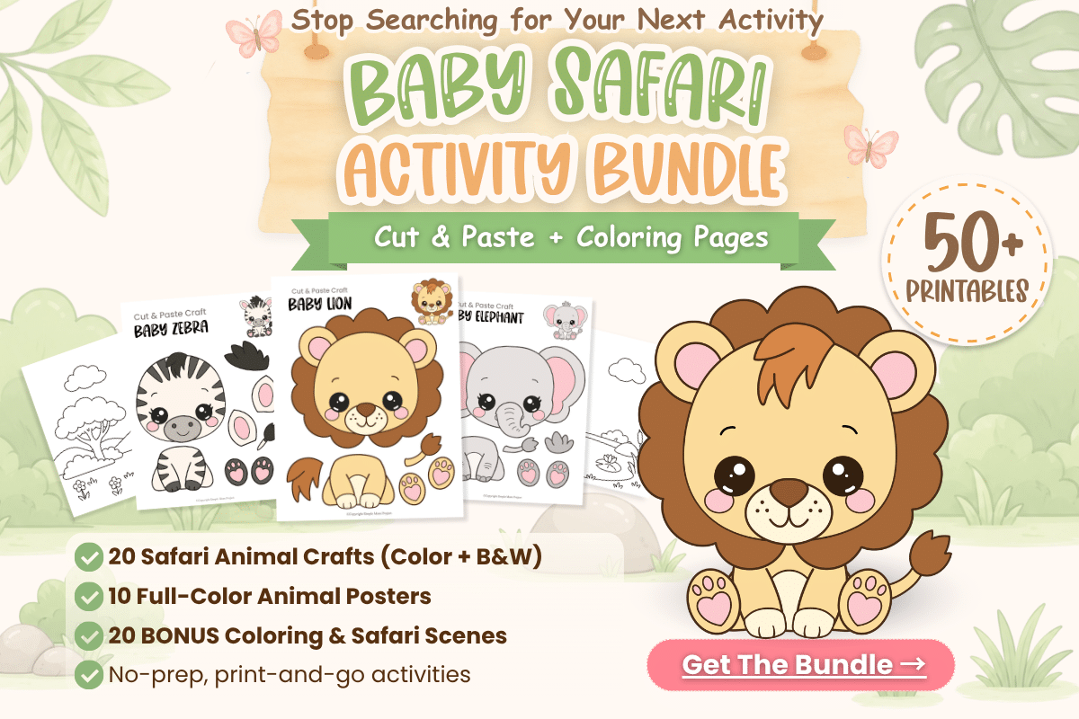 Baby Safari Animal Lion Bundle printable activity pack for preschool, kindergarten, homeschool, and classroom centers.