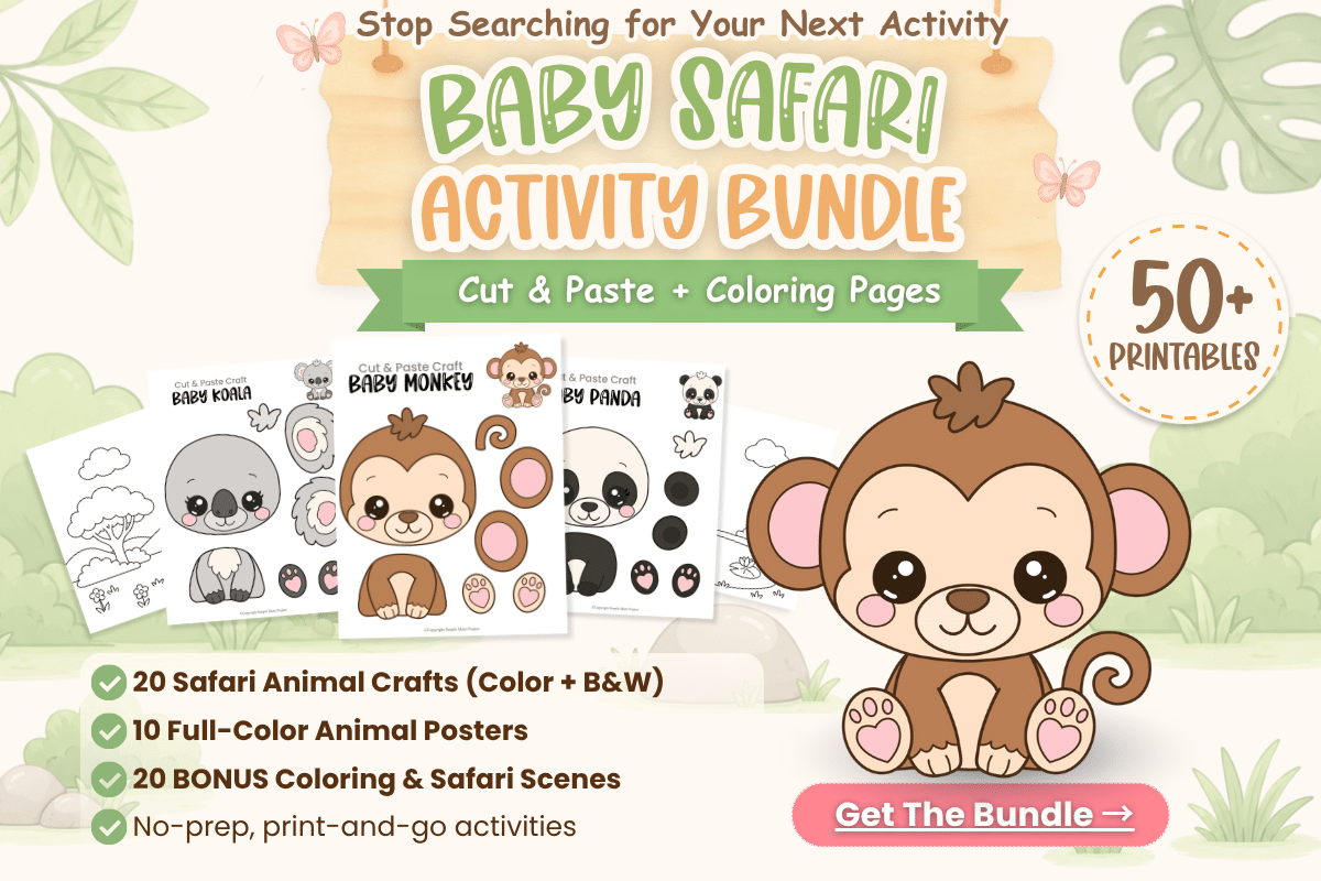 Baby Safari Activity Bundle printable featuring the baby monkey craft