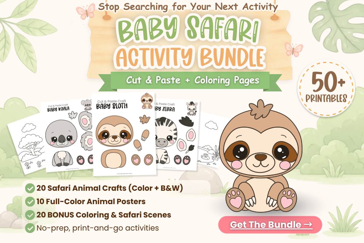 Baby Safari Activity Bundle printable featuring the baby sloth craft