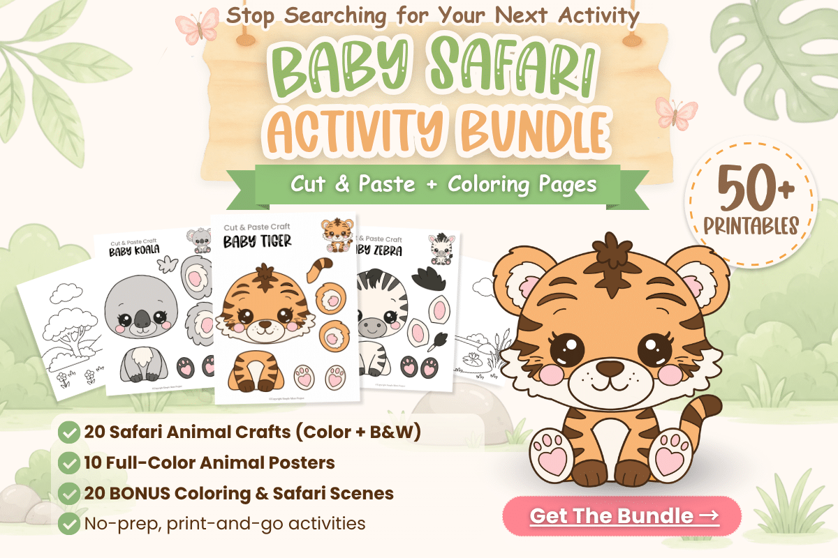 Baby Safari Activity Bundle printable featuring the baby tiger craft