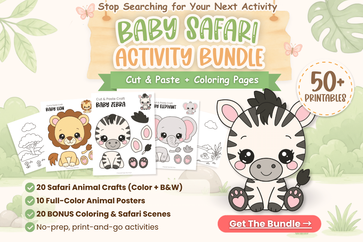Zebra Baby Safari Animal Bundle printable activity pack for preschool, kindergarten, homeschool, and classroom centers.