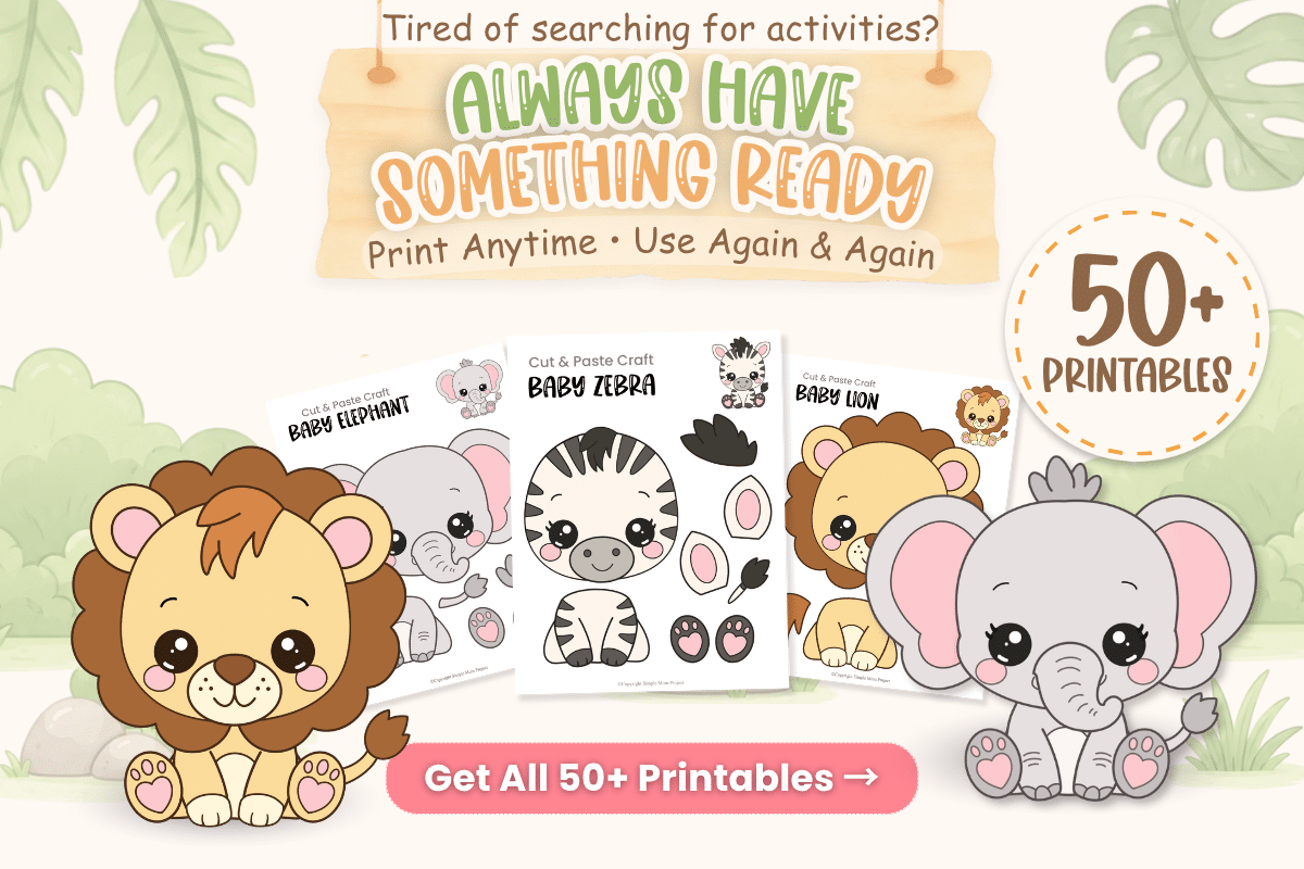 Baby Safari Bundle with cut and paste animal crafts, coloring pages, and safari-themed printable activities for kids.