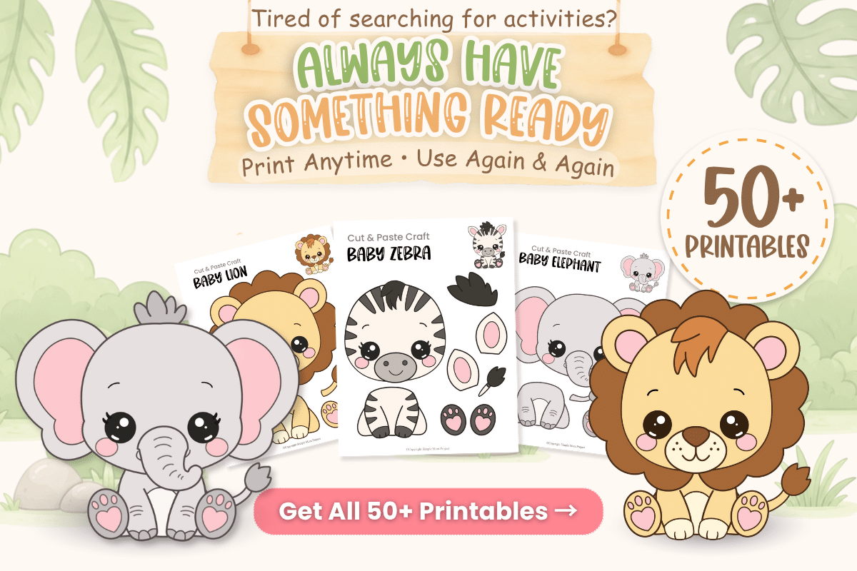 Baby Safari Bundle with cut and paste animal crafts, coloring pages, and safari-themed printable activities for kids.