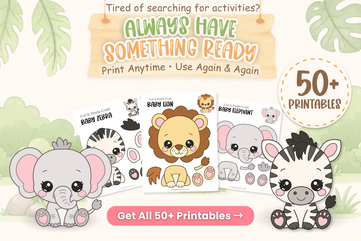 Baby Safari Bundle with cut and paste animal crafts, coloring pages, and safari-themed printable activities for kids.
