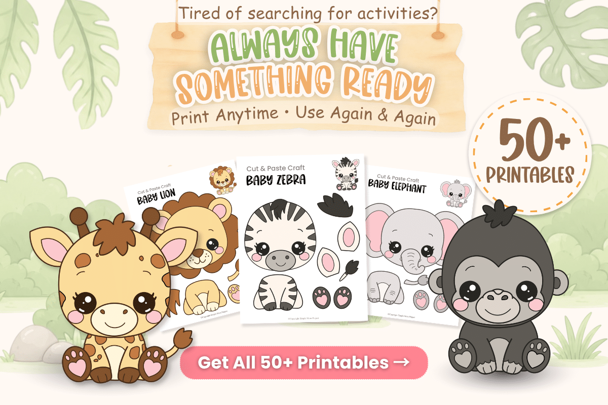 Need an easy preschool activity that's ready in minutes? The Baby Safari Activity Bundle includes adorable baby gorilla cut-and-paste crafts, coloring pages, and printable activities that make lesson planning simple. Great for homeschool, teachers, rainy days, and safari-themed learning.