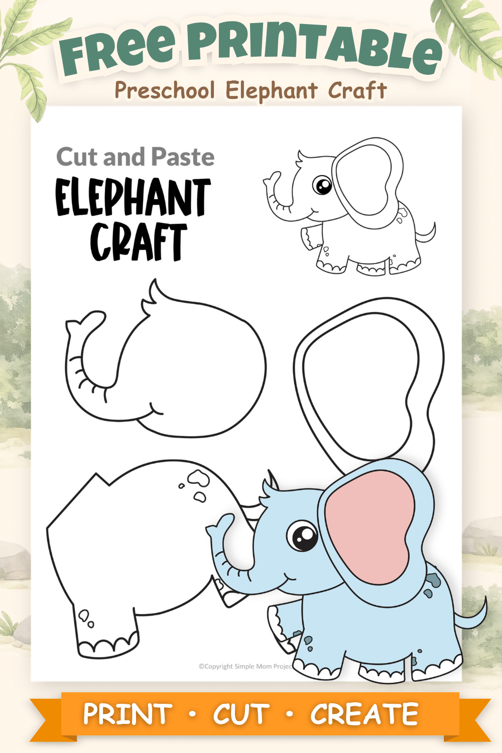 Free printable elephant cut and paste craft template for preschool and kindergarten