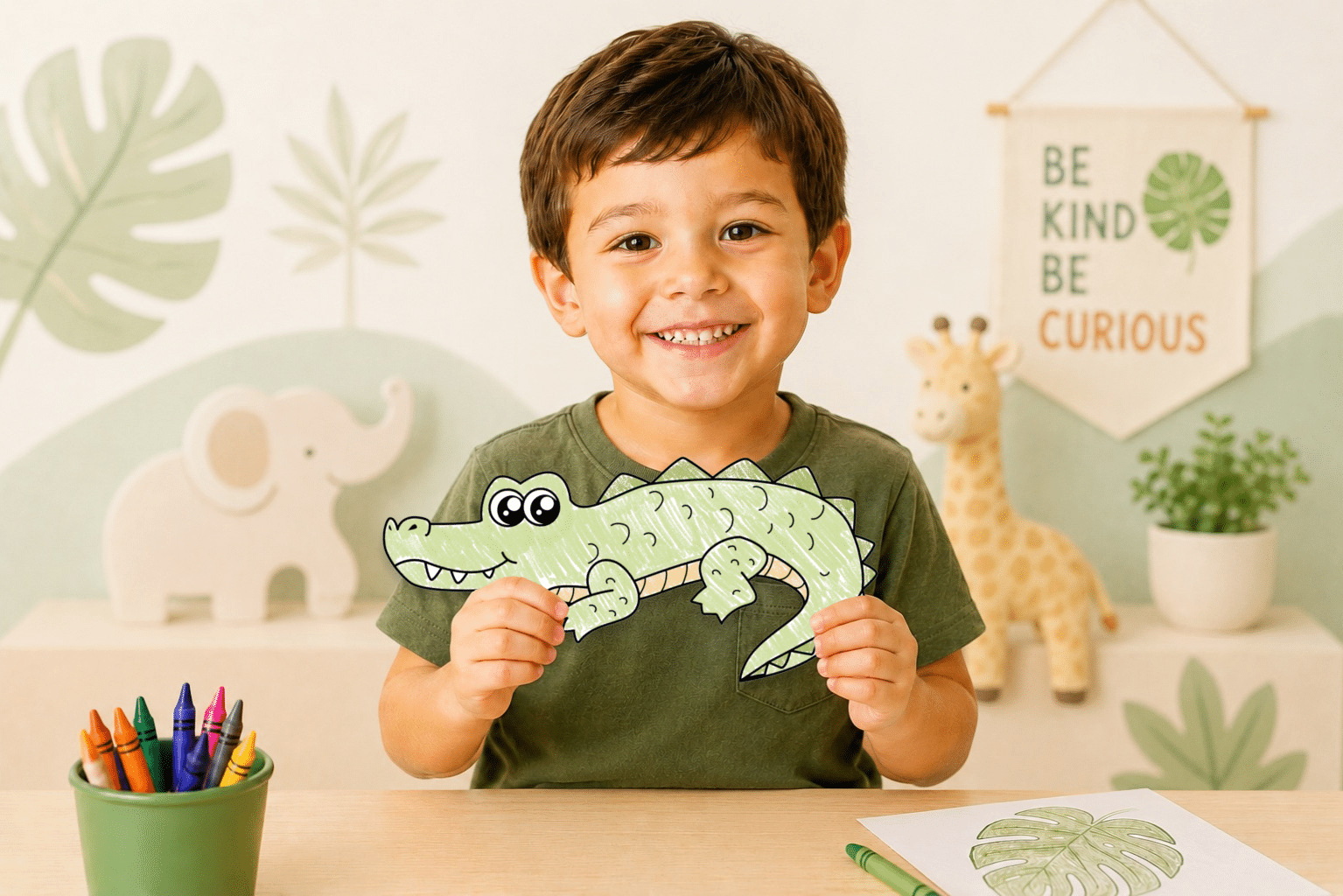 Young boy holding a completed printable crocodile craft for preschool learning.