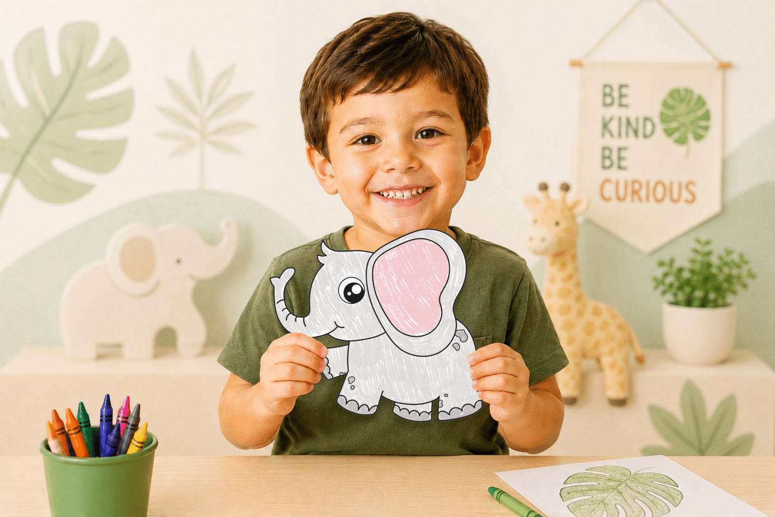 Young boy holding a finished printable elephant craft for preschool learning
