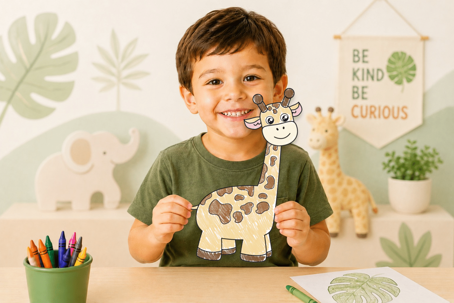 Young boy holding a completed printable giraffe craft for preschool activities.