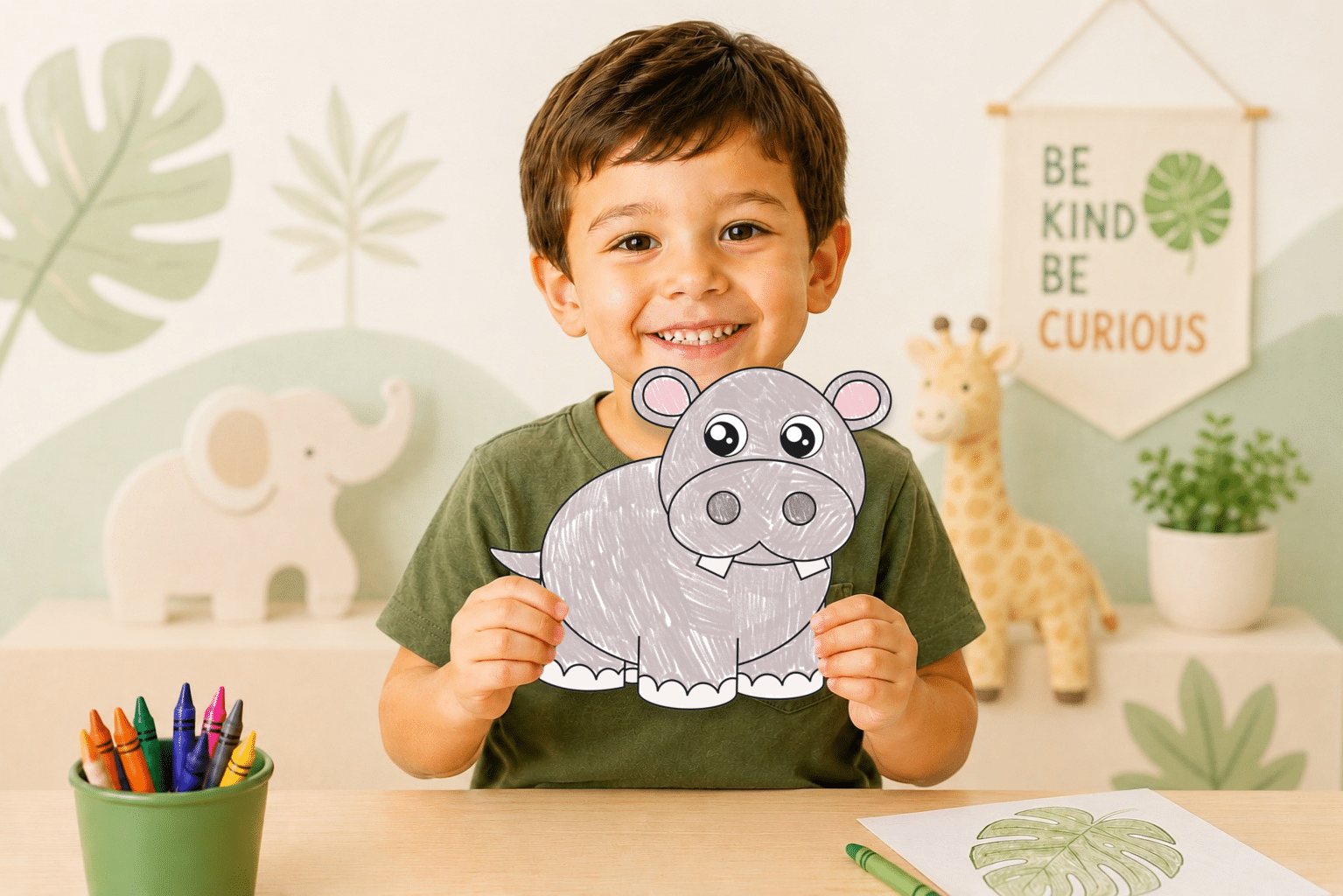 Young boy showing a completed printable hippo craft for preschool.