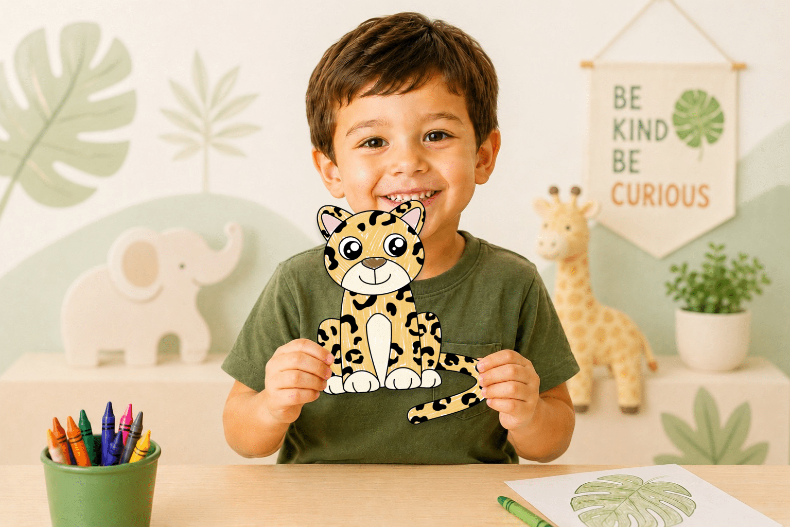 Young boy holding a finished printable jaguar craft for preschool learning.