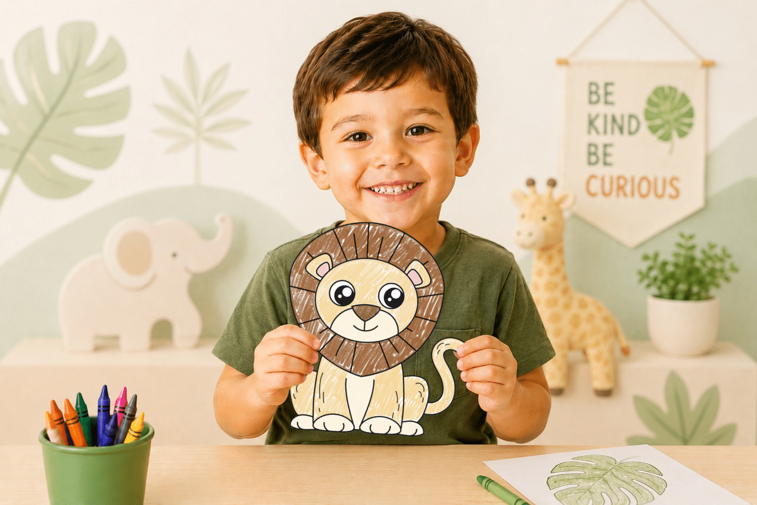 Young boy holding a completed printable lion craft for preschool animal activities.