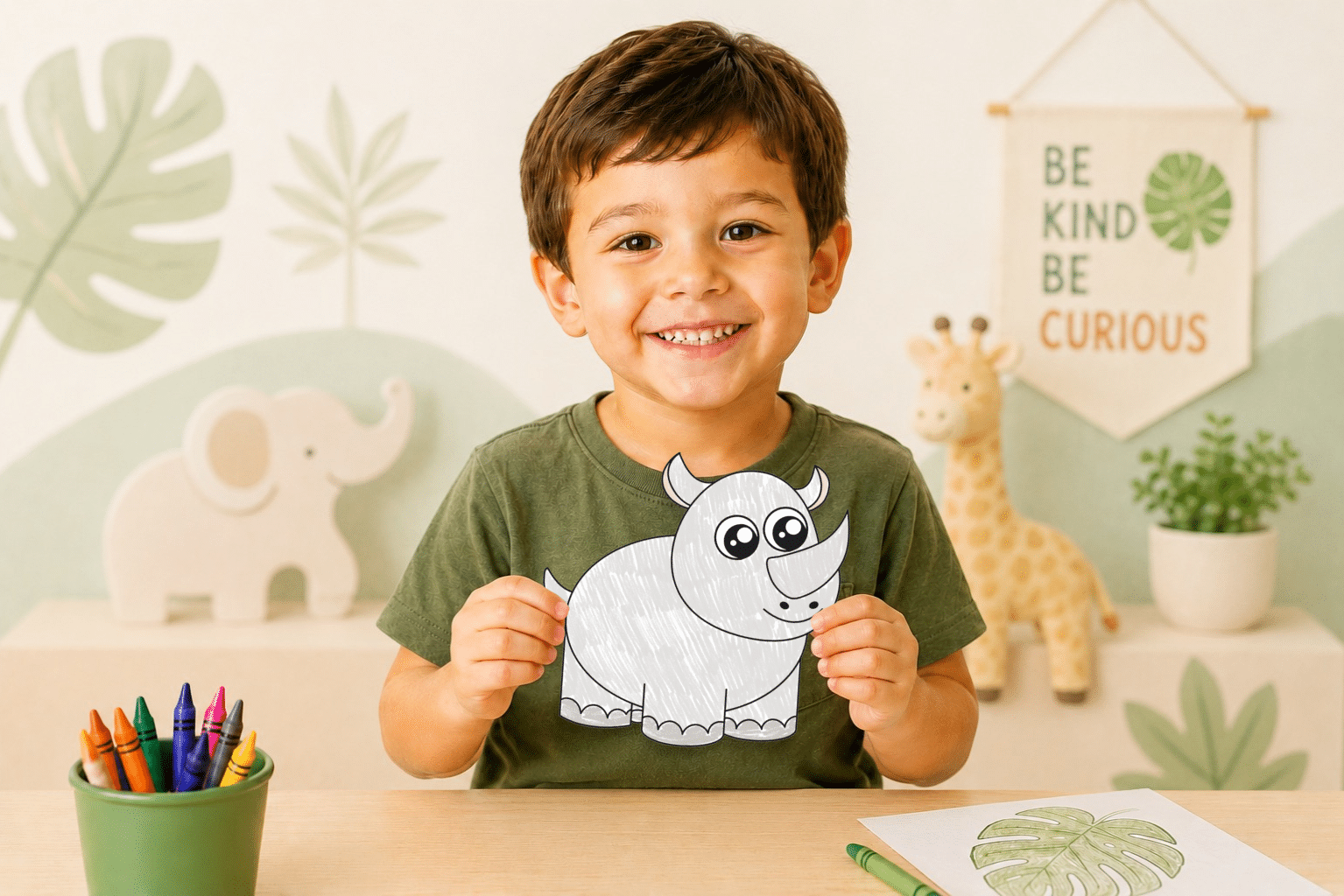 Young boy holding a finished printable rhino craft for preschool.