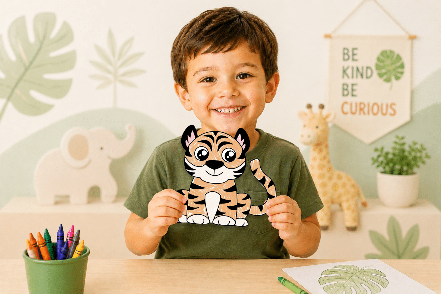 Young boy holding a completed printable tiger craft for preschool animal activities.