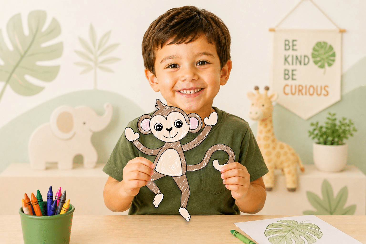 Young boy holding a finished printable monkey craft for preschool.