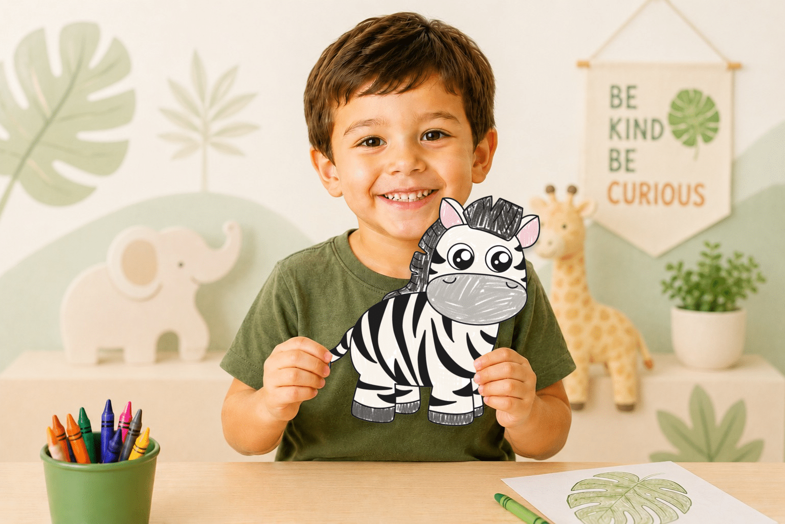 Young boy holding a completed printable zebra craft for preschool activities.