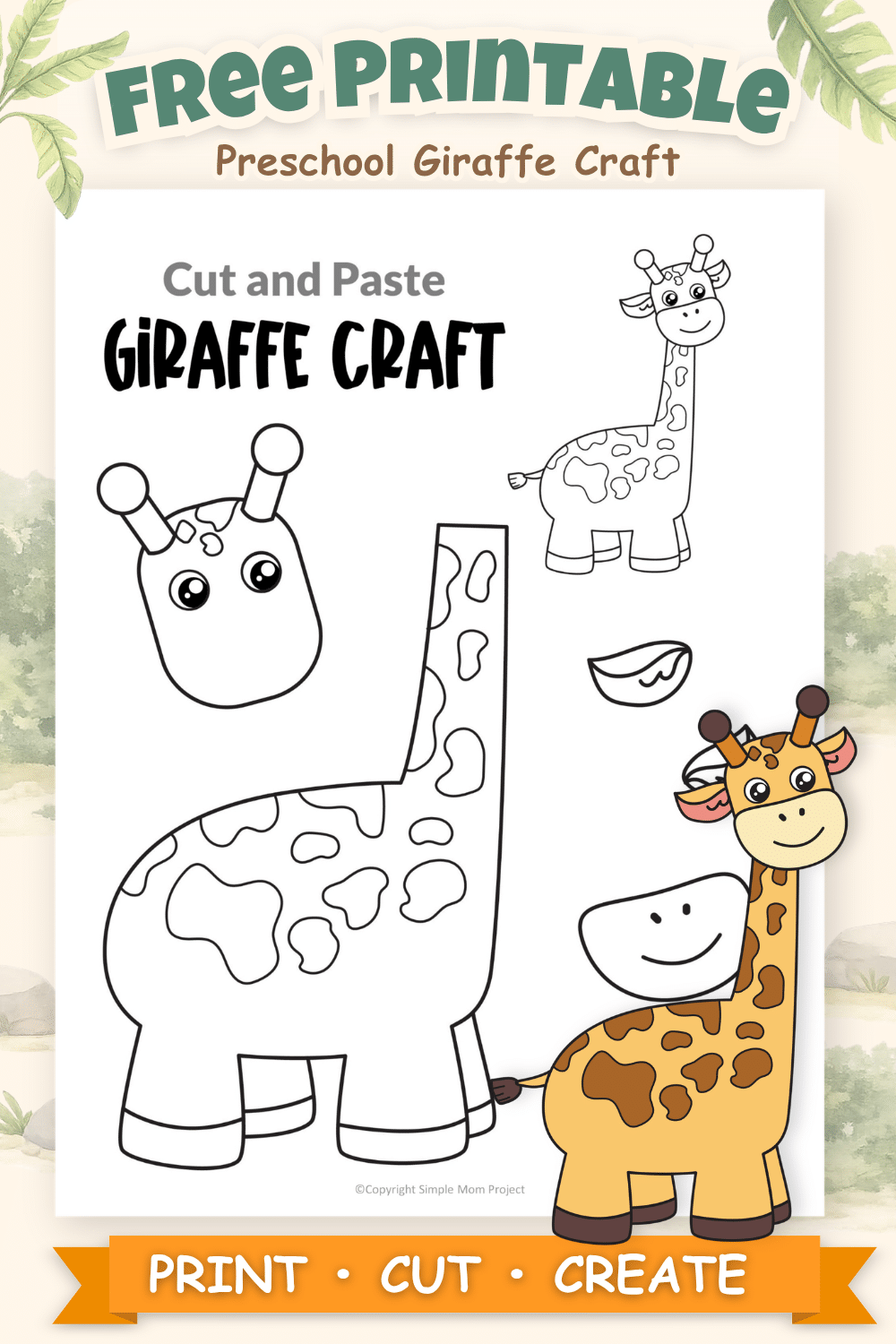 Free printable giraffe cut and paste craft activity for preschool kids