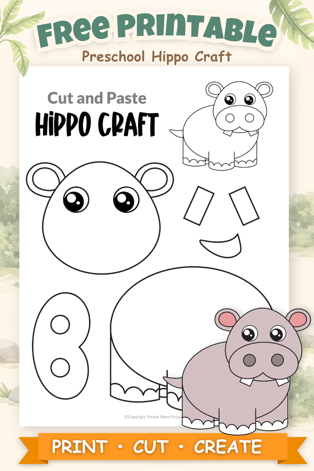 Free printable hippo cut and paste craft for preschool and kindergarten