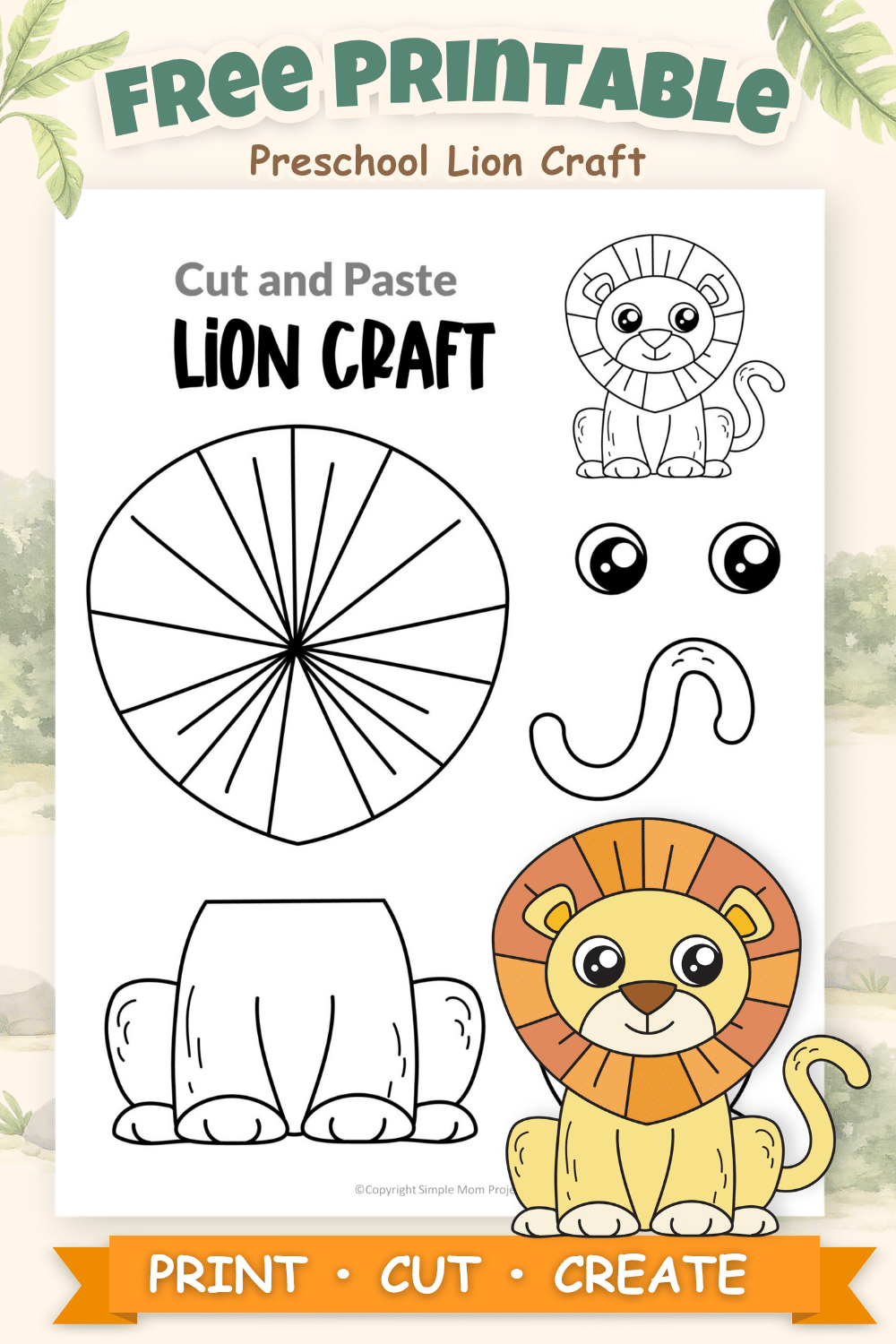 Free printable lion cut and paste craft template for preschool children