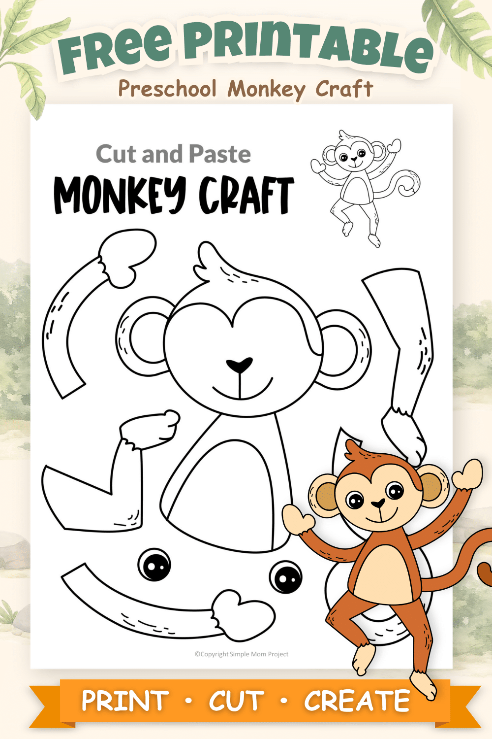 Free printable monkey cut and paste craft for preschool and kindergarten