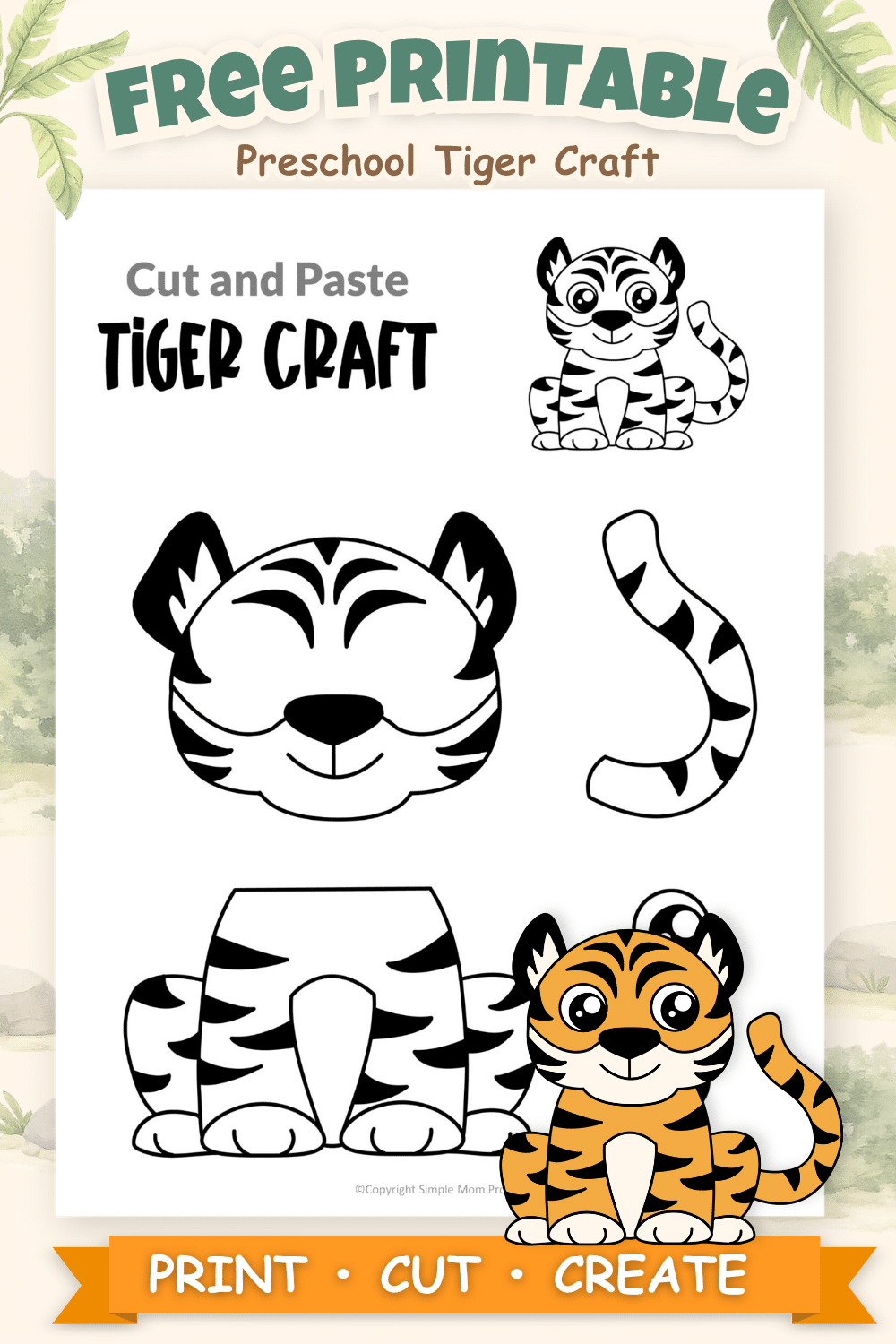 Free printable tiger cut and paste craft for preschool and kindergarten