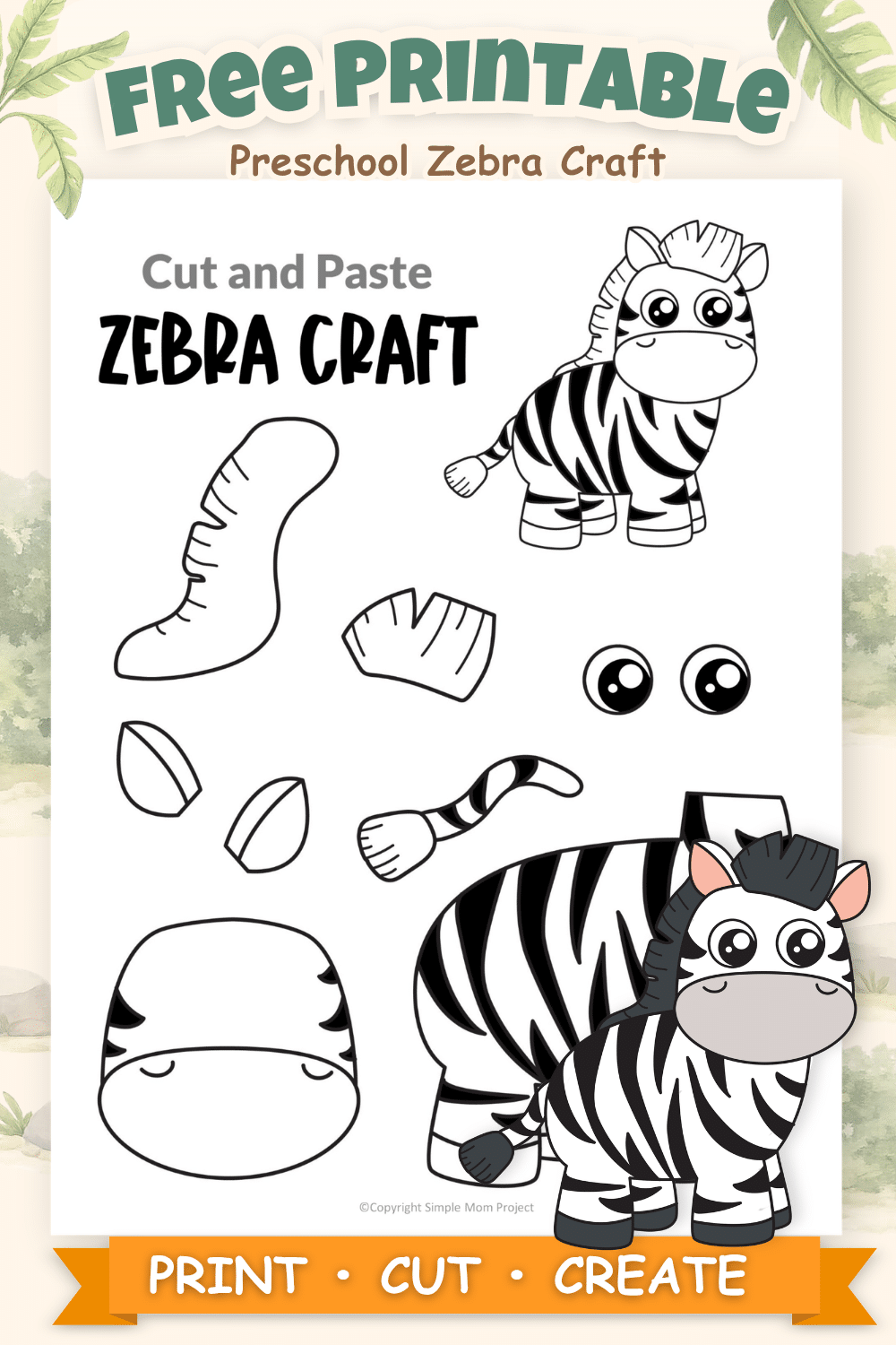 Free printable zebra cut and paste craft activity for preschool