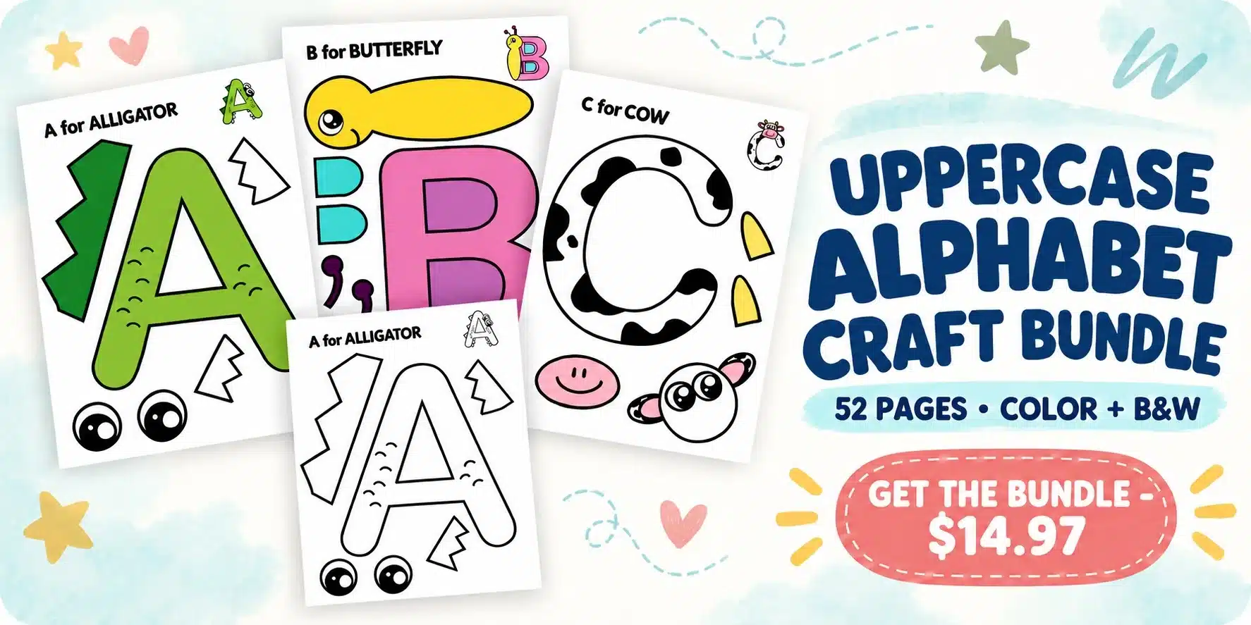 Uppercase Alphabet Craft Bundle — 26 A to Z letter crafts, 52 pages in color and black and white
