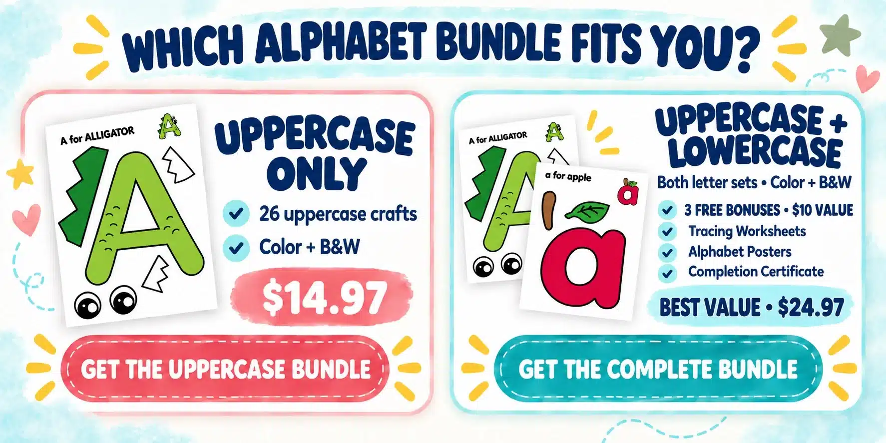 Which alphabet bundle fits you — compare the Uppercase Only bundle and the complete Uppercase plus Lowercase bundle