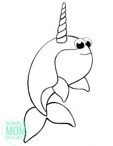 Free Printable Simple Arctic Animal Narwhal Coloring Page for kids preschoolers and toddlers